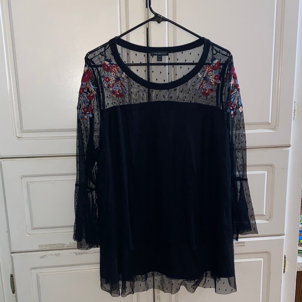 Lane Bryant Black Sheer Top with Polka Dot Design